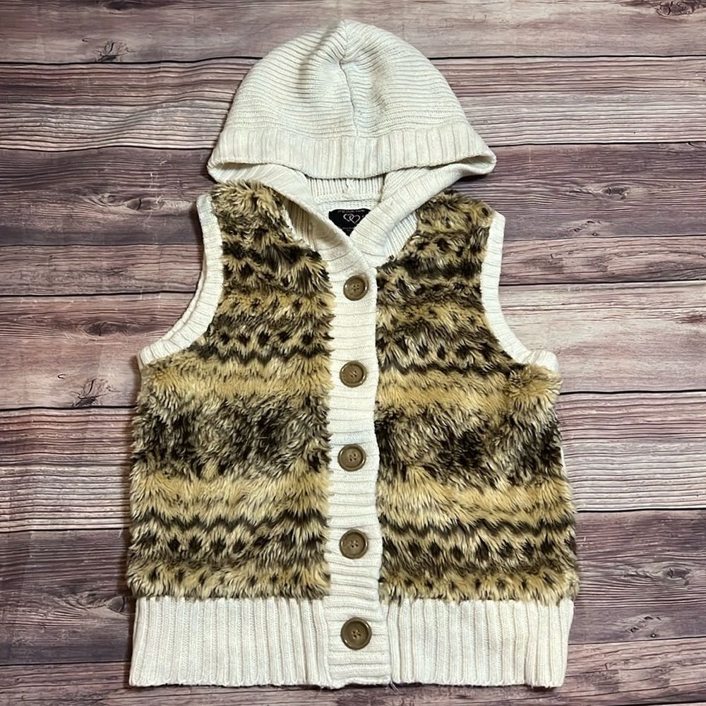 It's Our Time Juniors XL Faux Fur Sweater Vest Hooded Animal Print Button Front
